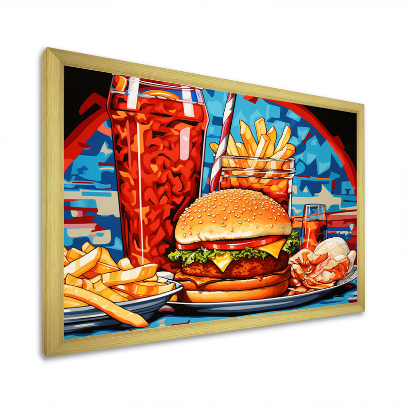 Pop Fast Food Hamburger Meal I sur impression sur toile, H 12 po x l 20 po x P 1 po, Cadre doré à une seule photo