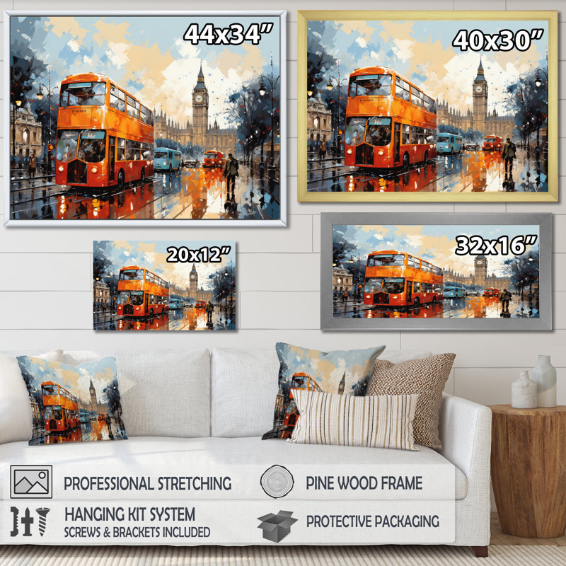 «Red Beige City London Popart I» sur toile, H 34 po x l 44 po x P 1,5 po, Cadre flottant noir