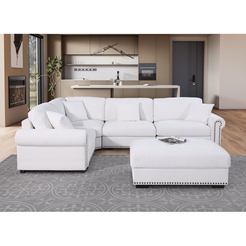 Errett Upholstered 5-Seat Roller Arms Cloud Corner Sectional Sofa, White Polyester