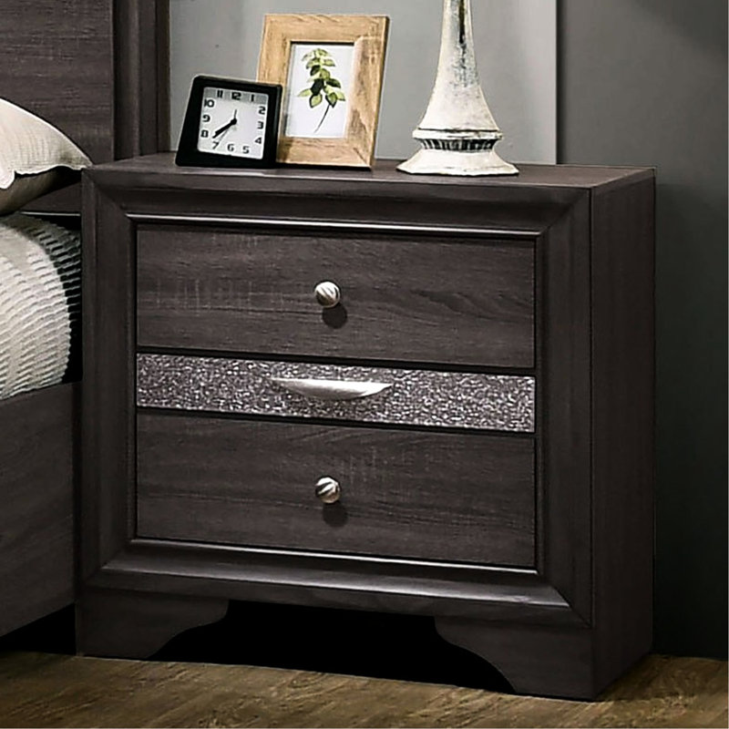 Table de chevet en bois massif gris avec ligne décorative argentée et tiroir dissimulé, Gris