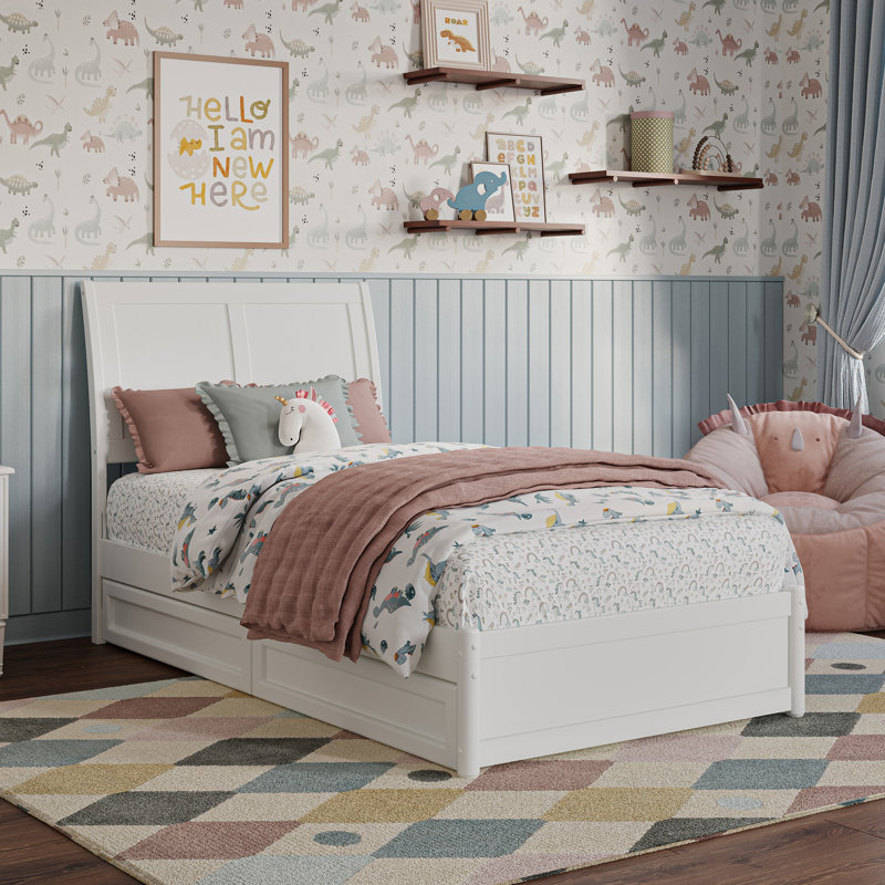 Lit plateforme en bois massif Lamayia avec pied de lit et tiroirs de rangement, White, Twin