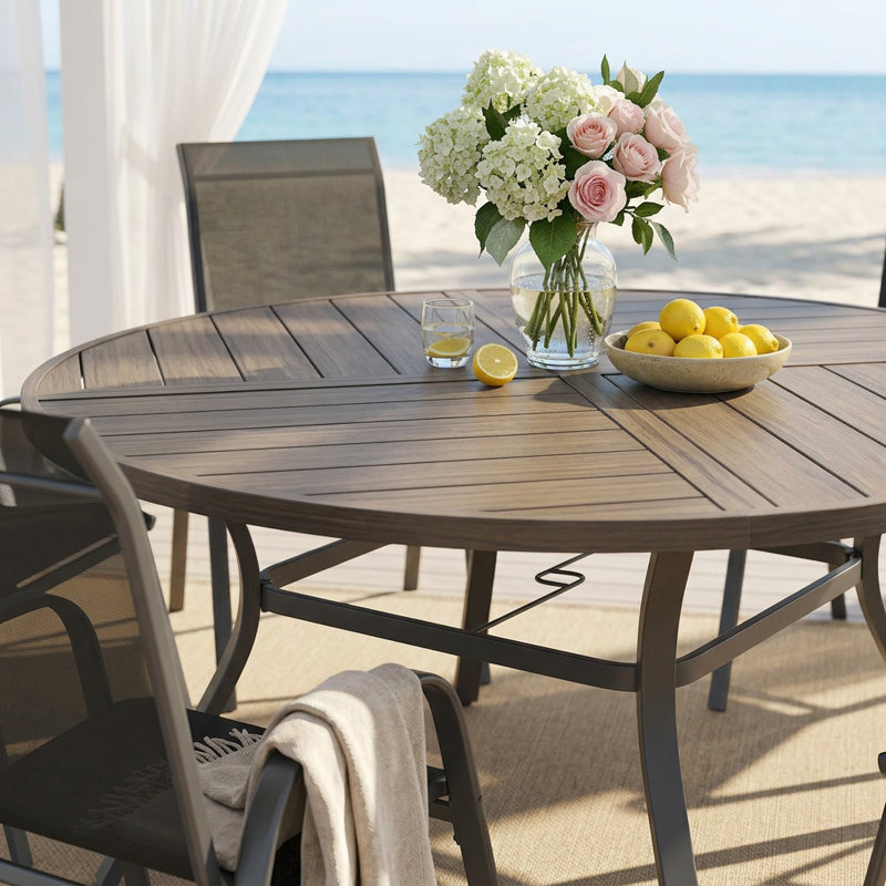 Ensemble de salle à manger de patio rond 6 personnes Edison avec chaises empilables Textilene, Noir/gris