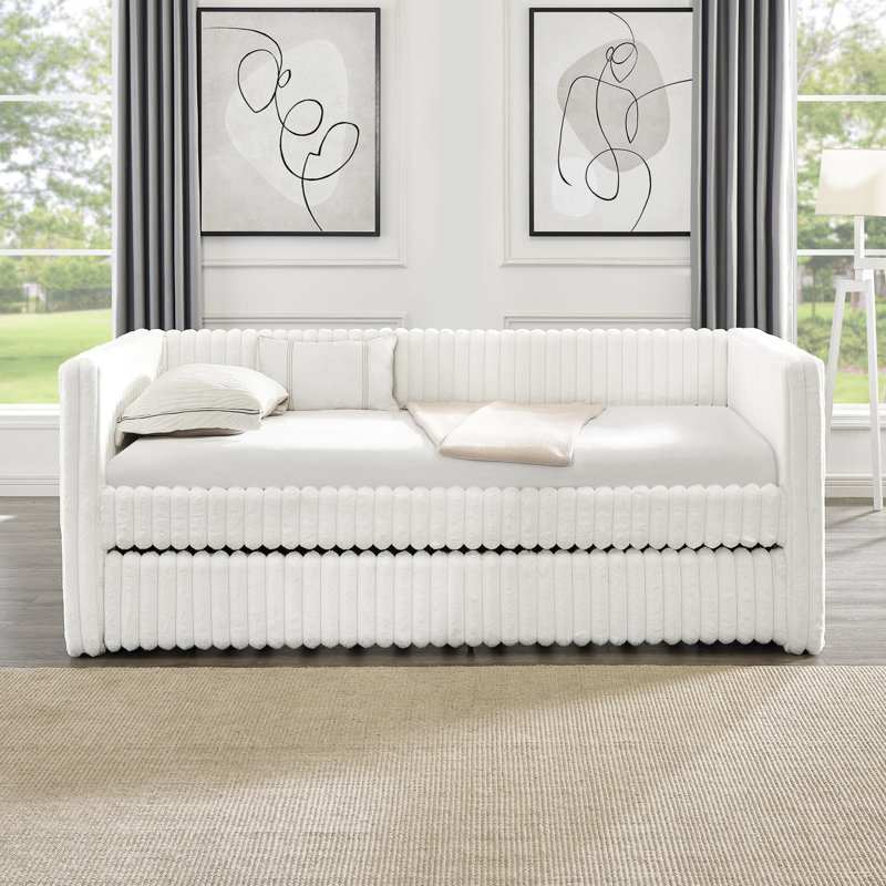 Lit de jour simple en velours côtelé écossais en gris foncé, lit escamotable pour un intérieur pratique, Lit double