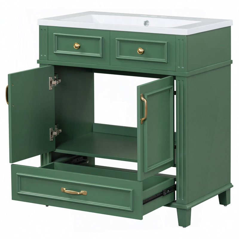 Meuble-lavabo de salle de bain avec lavabo en résine, armoire de rangement en bois massif avec portes à fermeture douce, style rétro