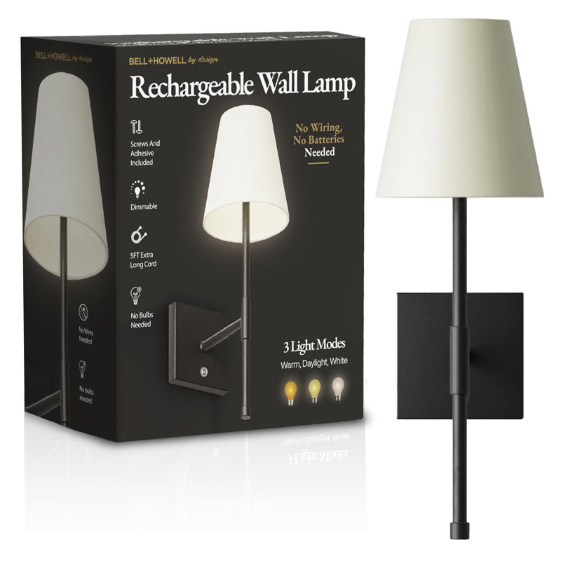 Bell + Howell Rechargeable Wall Light Sconce With Fabric Shade And Dimmable Features, Black
