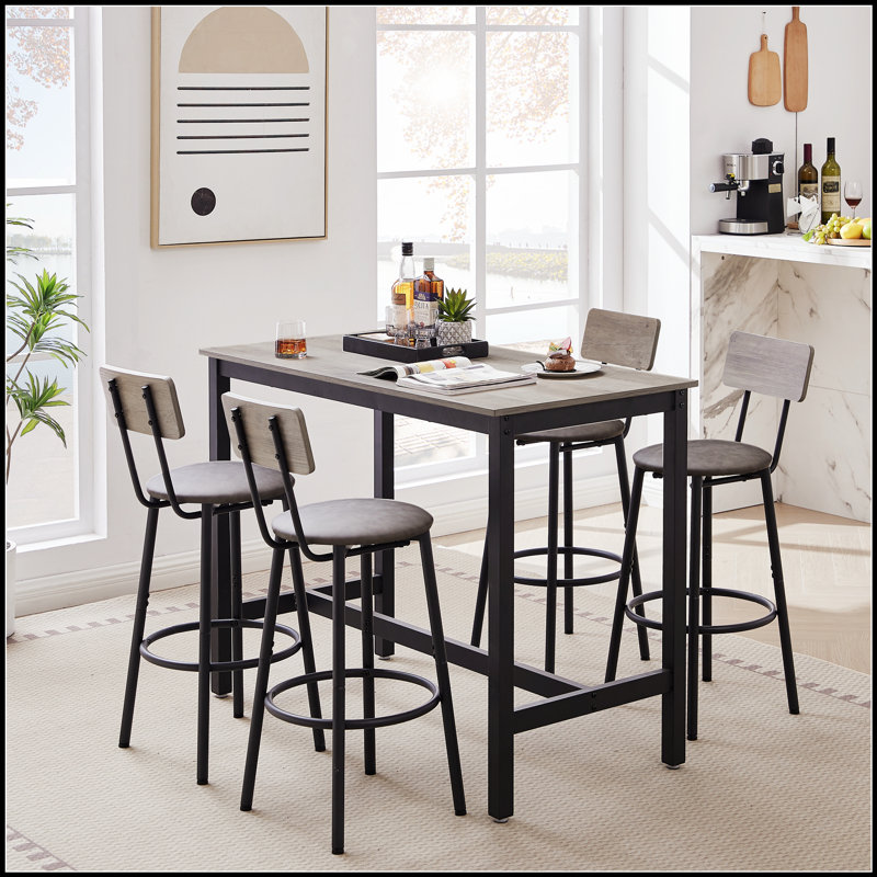 Ensemble de table de bar avec 4 tabourets souples en polyuréthane, gris, idéal pour le confort et le style moderne dans les cuisines et les bars.