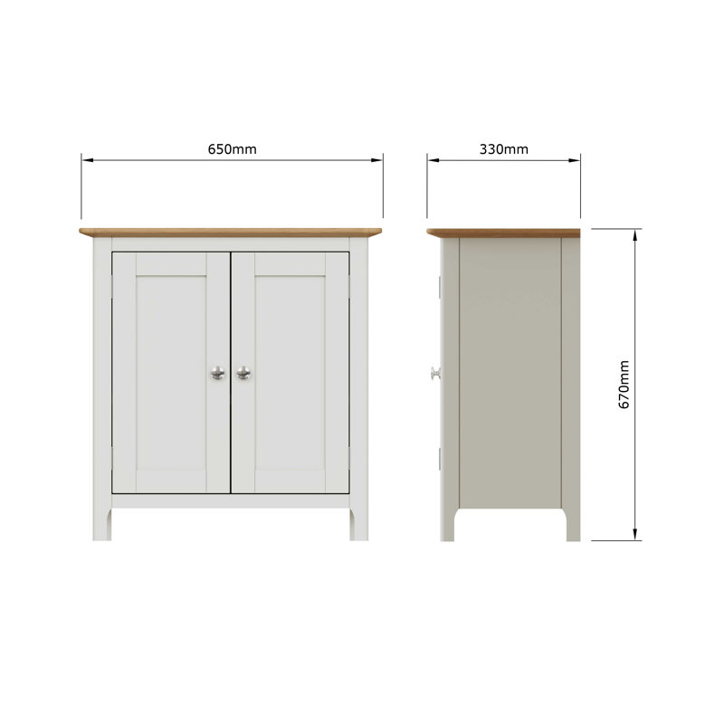 Daris 2 Door Compact Sideboard Buffet Storage Cabinet. 65cm Wide. Solid Oak Top. Polished Chrome Handles. Fully Assembled.