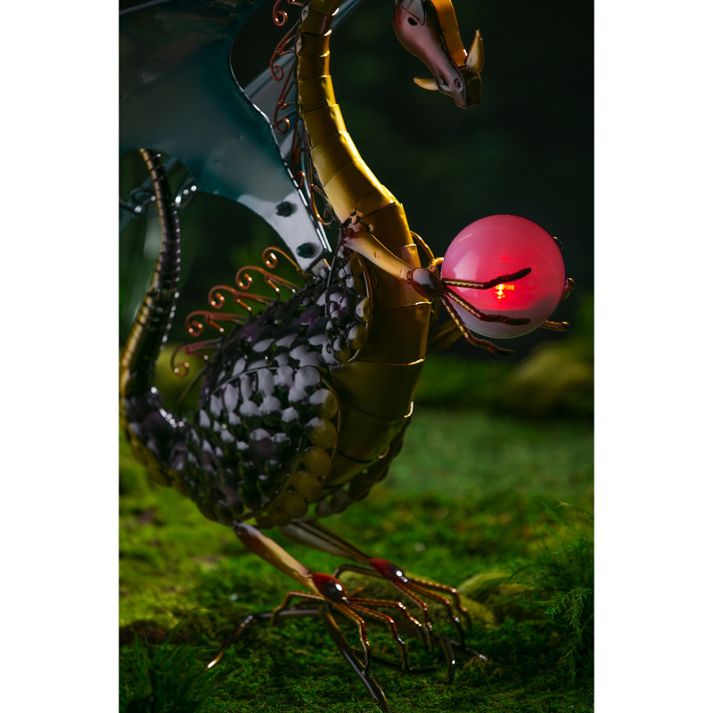 Majestic Black and Gold Metal Dragon Garden Statue with Solar Globe