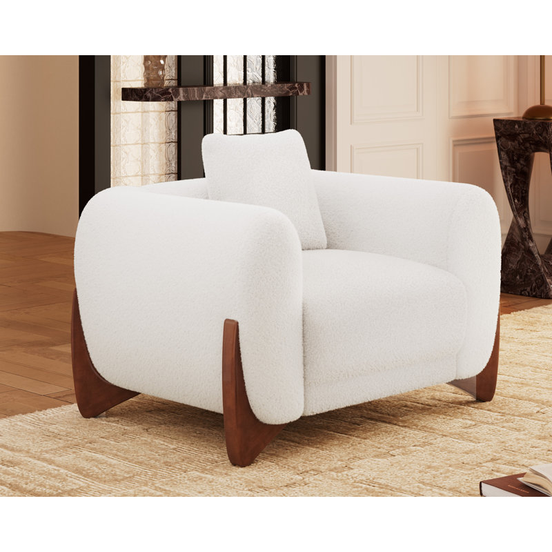 Modern Bouclé Armchair with Tilted Wooden Legs, White