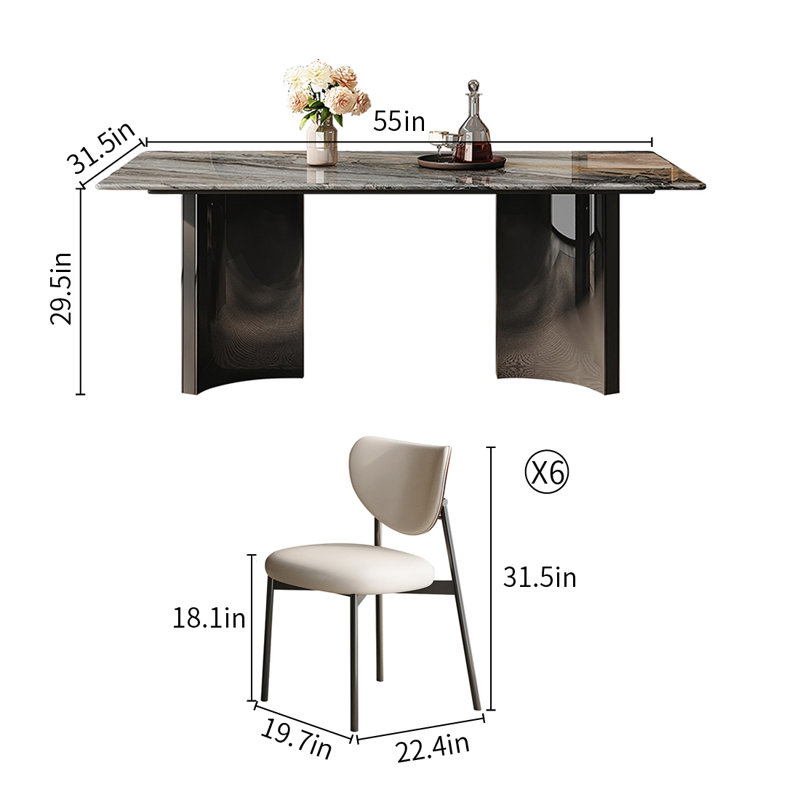 Brown Luxury Marble Rectangular Dining Table Sets, 29.5"H x 55"L x 31.5"W