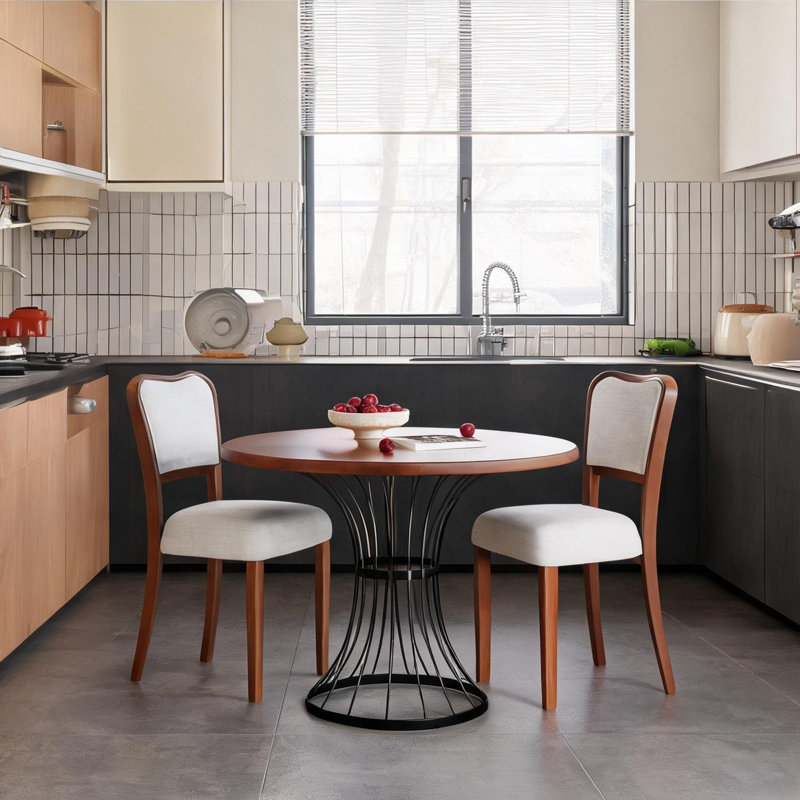 Ensemble de salle à manger pour 2 personnes avec table en placage de chêne et base en fer noir classique - chaises rembourrées en tissu beige, meuble de coin 3 pièces de 42 pouces peu encombrant