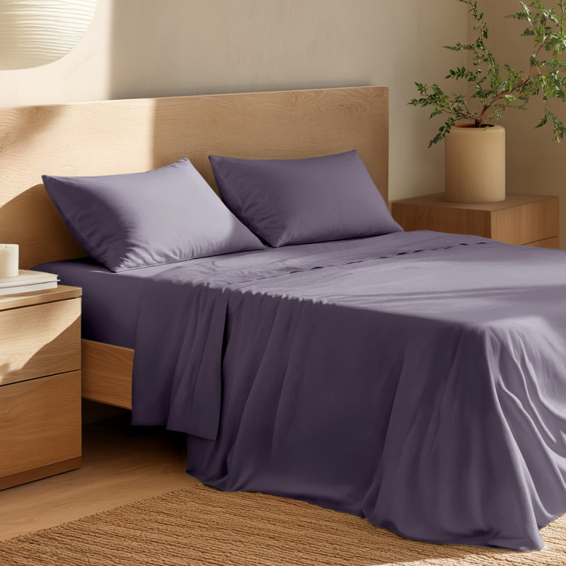 100% Cotton Percale Sheet Set, Queen Sheet Set with 2 Pillowcases, Dusty Purple