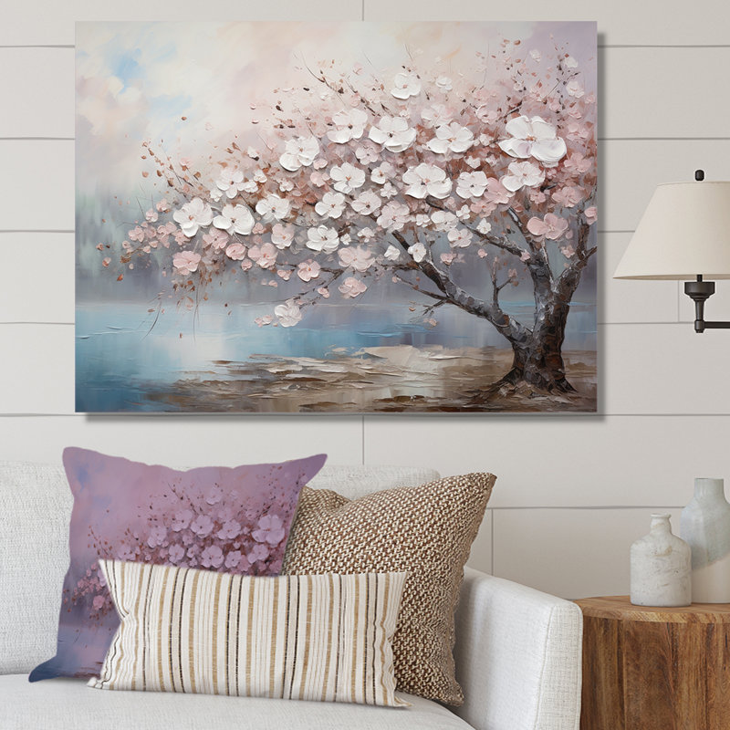 «Pink and Grey Cherry Blossom Charm I», art mural encadré de fleurs, H 34 po x l 44 po x P 1,5 po, Toile tendue