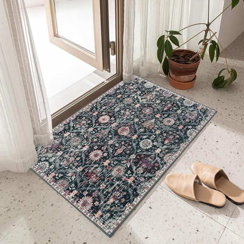 Moroccan Trellis Washable Rug, 2X3 Entryway Rugs For Kitchen Bathroom, Non-Slip Indoor Door Mat Ultra-Thin, Small Oriental Throw Carpet For Bedroom Entry, Black/Multi