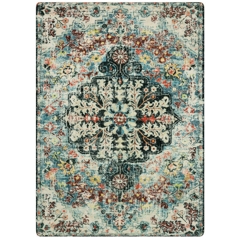 Boho Washable Area Rugs Floral Soft Non-Slip Printed Low Pile Throw Indoor Floor Carpet, Rectangle 5' x 7'