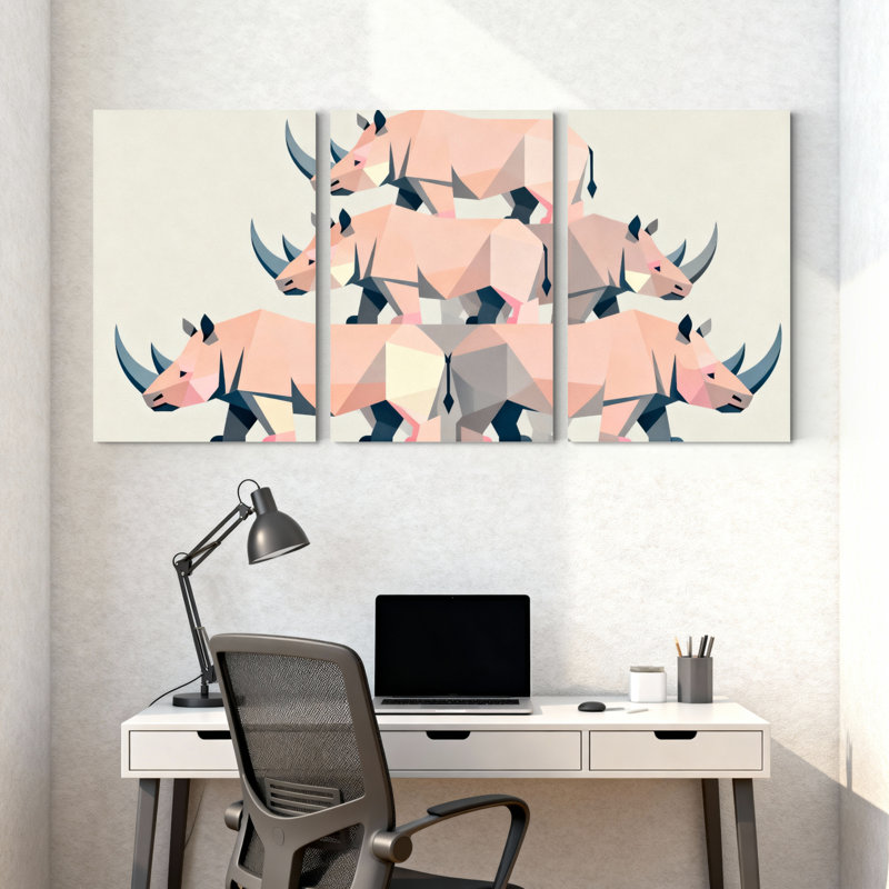 Ensemble de 3 tableaux muraux géométriques en poly-art représentant des rhinocéros, H 24 po x l 48 po