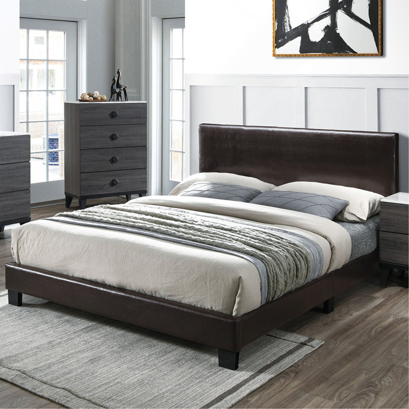 Tête de lit ajustable moderne en similicuir avec lit 1pc, Brun / Espresso, Grand lit