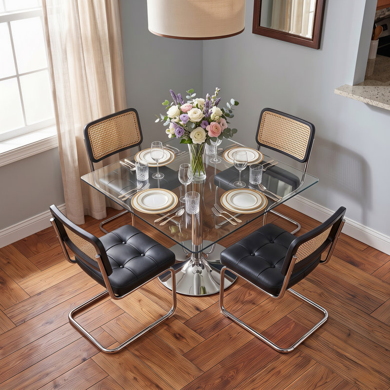 Ensemble de table de salle à manger 39 po en verre trempé pour 4 personnes avec chaises à dossier canne chromé, Black
