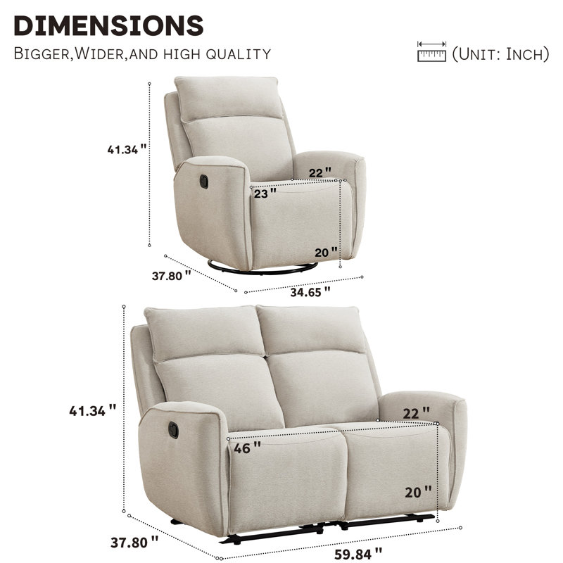 Ensemble de salon inclinable manuel 2 pièces en chenille moderne 2 pièces, Beige