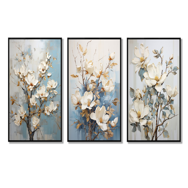 «Blue and White Magnolias Flowers Bloom», ensemble de 3 impressions d'art mural Magnolias, Cadre flottant noir