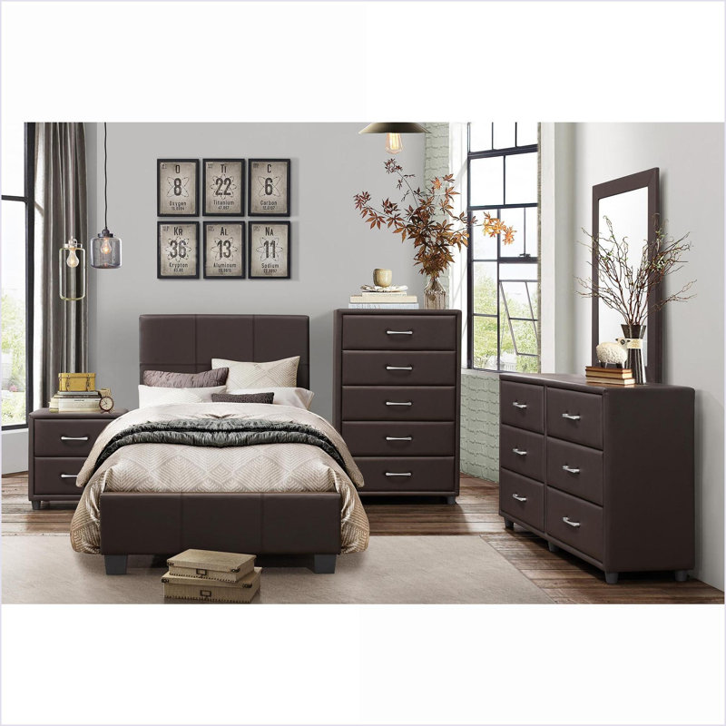Contreplaqué simple Lit plateforme en bois d'ingénierie - Similicuir brun foncé, aucun sommier nécessaire pour la chambre à coucher