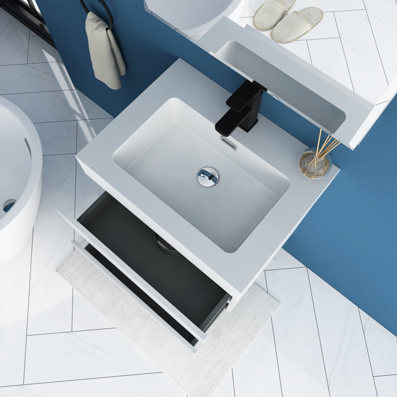 Ensemble de meuble-lavabo mural 24 po avec lavabo en résine blanche intégrée, Blanc lustré