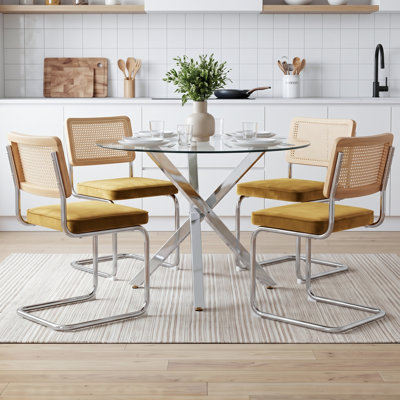Ensemble de table de salle à manger 39 pouces moderne en verre trempé avec chaises en velours