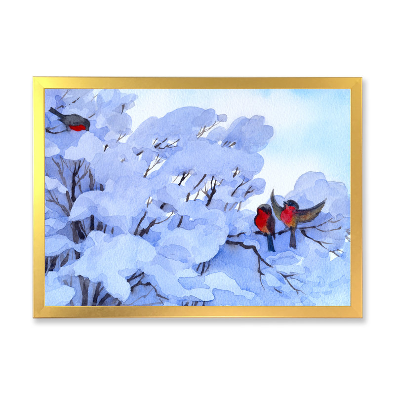 «Winter Scene Bullfinch Sitting II», reproduction d'art sur toile, H 8 po x l 12 po x P 1 po, Toile encadrée dorée