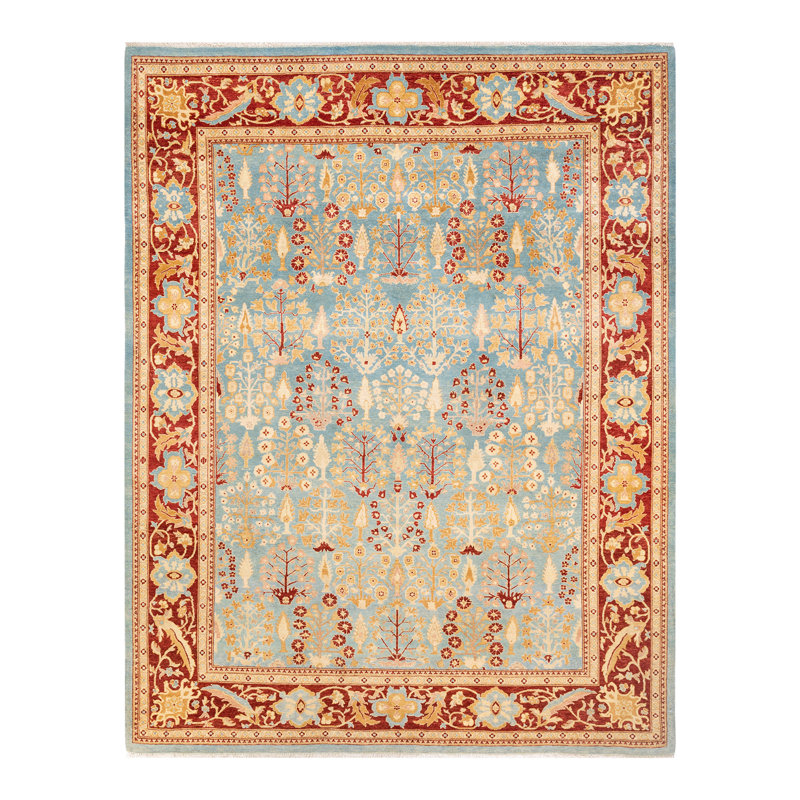 Tapis unique en laine noué à la main 7 pi 10 po x 10 pi 3 po nouvel âge Kine en rouge / beige / clair