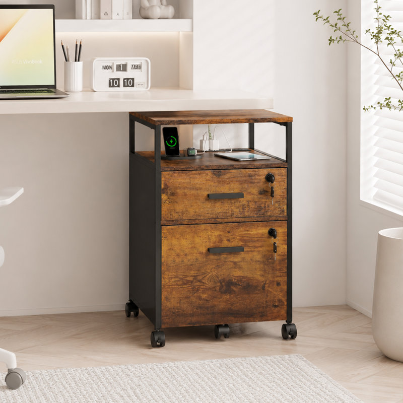 2 Drawer File Cabinet, Mobile Printer Stand With Open Storage Shelf, Brown