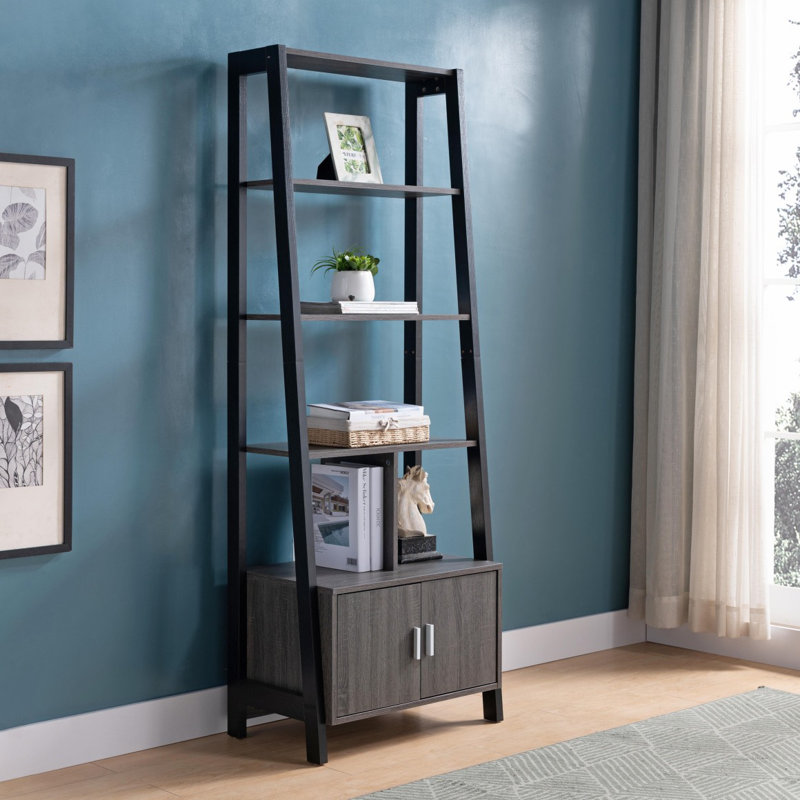 Bibliothèque moderne avec quatre tablettes ouvertes et une armoire à deux portes