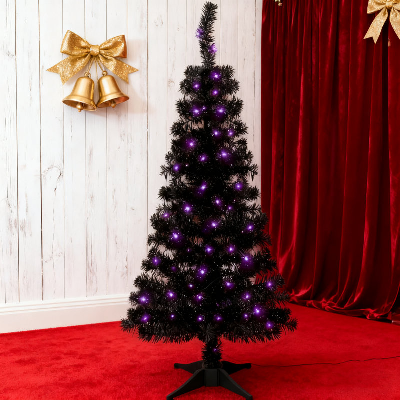 Arbre de Noël d'Halloween 4 pi noir, lumières mauves artificielles à DEL avec 8 modes de minuterie, décorations d'Halloween pour la fête à la maison
