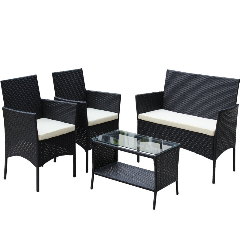 4 PC Rattan Patio Furniture Set Outdoor Patio Cushioned Seat Wicker Sofa (Beige Cushion), Beige