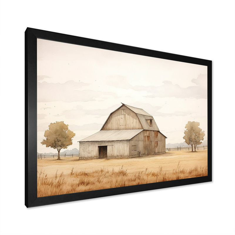 " Barn Scenery Minimalism Landscape I ", Black Picture Framed, 34" H x 44" W x 1.5" D