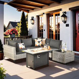 Emroy 4 - Person Wicker/Rattan Sectional Seating Group with Lighted Coffee Table, All Weather Modular Outdoor Conversation Set with Cushions