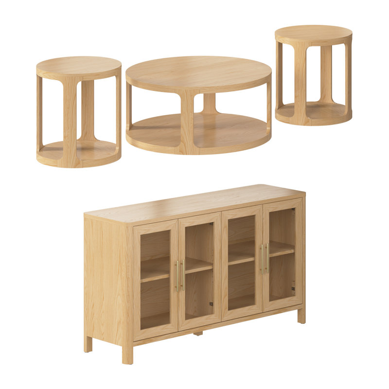 Meuble télé 60W, table basse ronde et ensemble de 2 tables de bout pour le salon