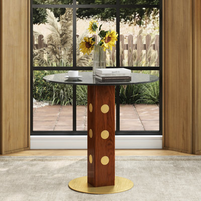 Table ronde moderne en verre trempé de 33,5 po avec pieds en bois et base dorée, pour 2 personnes pour les salles à manger minimalistes dans les cuisines contemporaines, capacité de 150 lb pour les petites pièces, conception