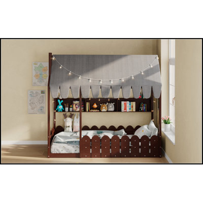 Lit double Montessori pour enfants avec garde-corps, tente, lumières et 3 tablettes de rangement