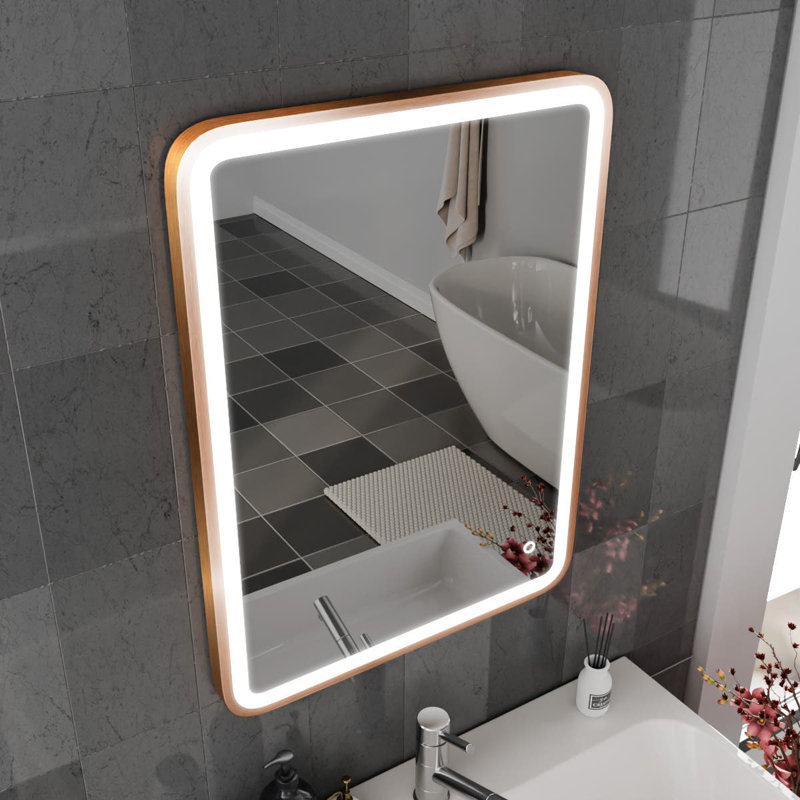 Rectangle LED Bathroom Mirror Fog Free Touch Sensor, Brushed Copper, 60 cm H x 80 cm W