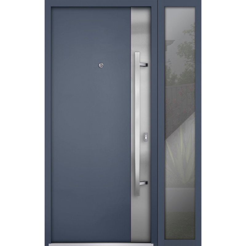Porte d'entrée extérieure prémontée en acier Deux 0729 Gris graphite, fenêtre latérale extérieure avec inserts en acier inoxydable, style moderne, peinte - L 36 + 12 x H 80 - Ouverture à gauche vers l'intérieur