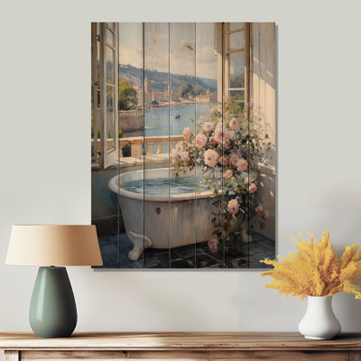 French Bathroom - Floral Print on Natural Pine Wood