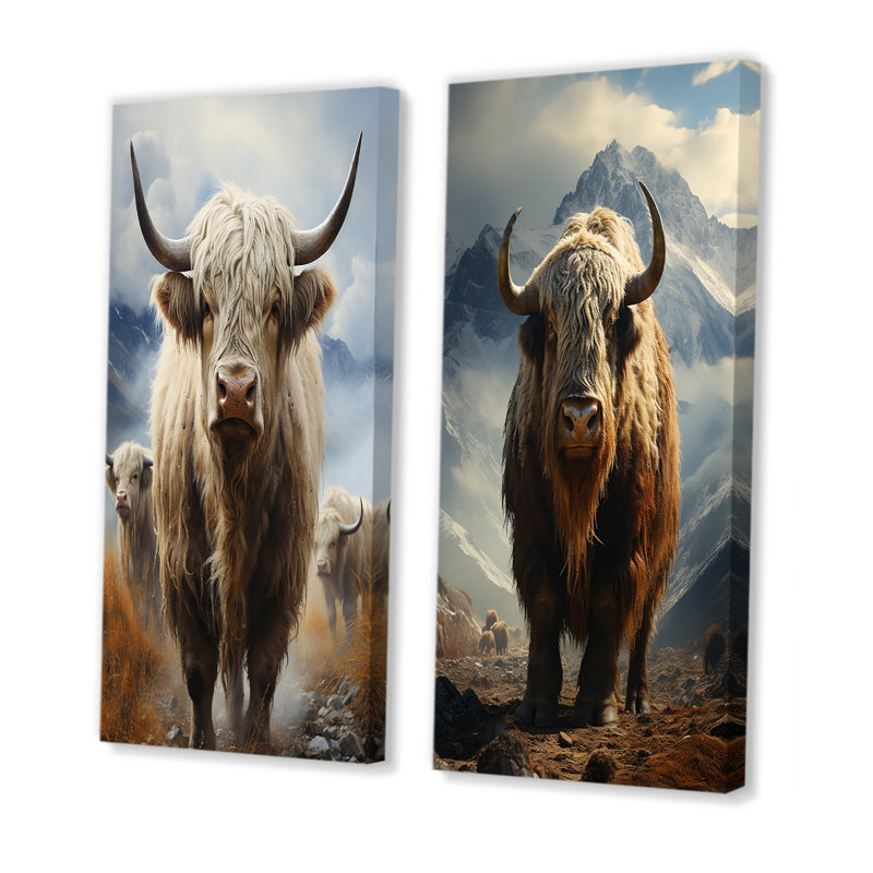 Yaks broutant dans la montagne - ensemble de 2 impressions sur toile Yaks, Toile tendue, H 40 po x l 41 po