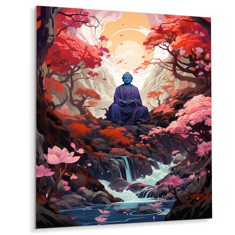 Bouddha mauve en fleurs, paysage d'automne, art mural bouddhisme, Métal métal, H 20 po x l 12 po x P 1 po