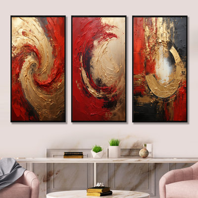 Red Gold Fusion Spiral - Abstract Spirals Canvas Set of 3 - Modern Wall Art Set