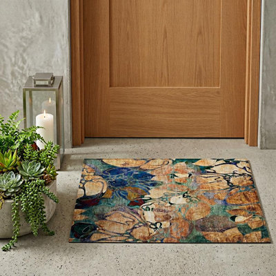 2' X 3' Beige and Blue Floral Washable Non Skid Indoor Outdoor Area Rug