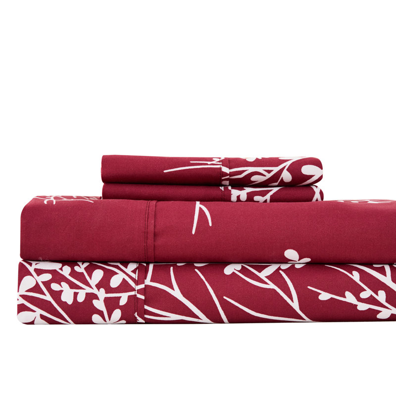 Ensemble de draps en microfibre Foliage, Bourgogne/Ivoire, Drap pour taille de lit très grand avec drap-hous