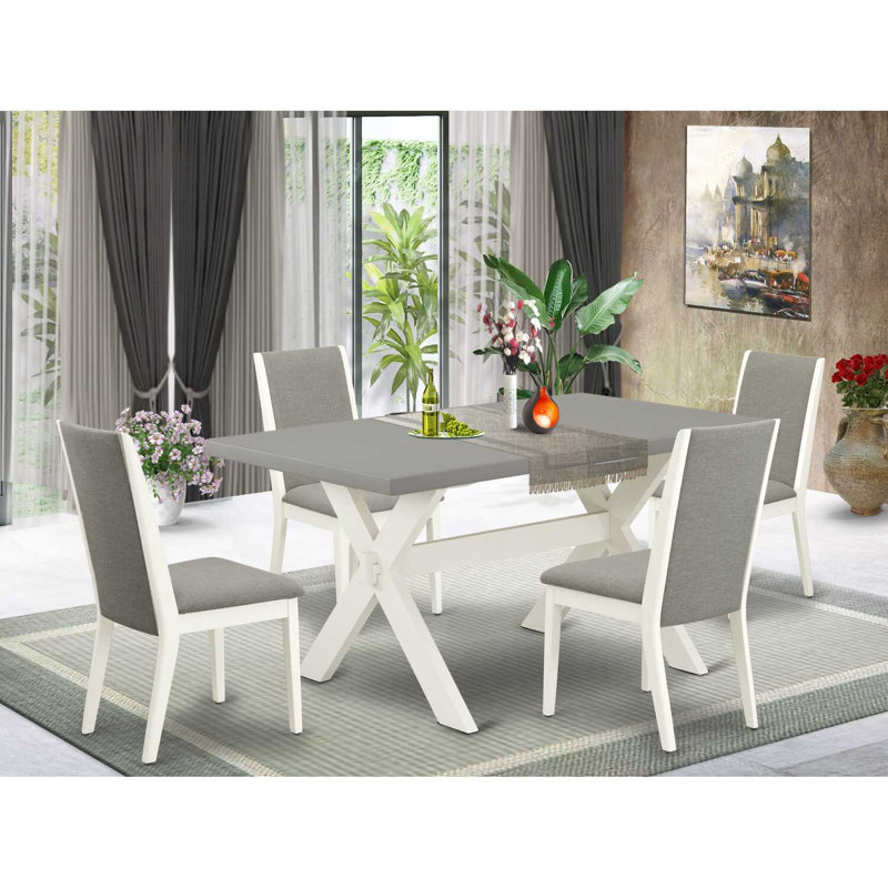 Ensemble de table de salle à manger 5 pièces comprenant une table de cuisine rectangulaire avec pieds en X et 4 chaises de salle à manger Parson en tissu Shitake, lin brossé blanc
