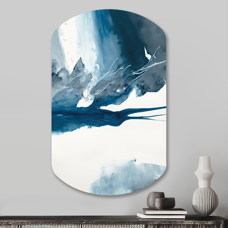 «Imperial Blue Solitude I», art mural asymétrique en forme de cylindre à encre liquide abstraite, H 31 po x l 19 po