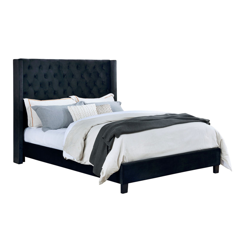 Élégant lit 1pc entièrement rembourré avec structure capitonnée pour chambre à coucher, Très grand lit, Noir