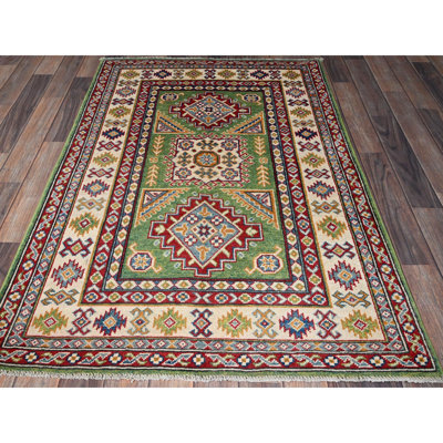 3'4"x5' Swamp Green, Kazak with Geometric Medallions Design, Vegetable Dyes, Hand Knotted, Denser Weave, Pure Wool, Oriental Rug